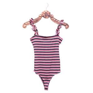 Reformation Hampton Stripe Ribbed Bodysuit Square Neckline Ruffle Straps Medium
